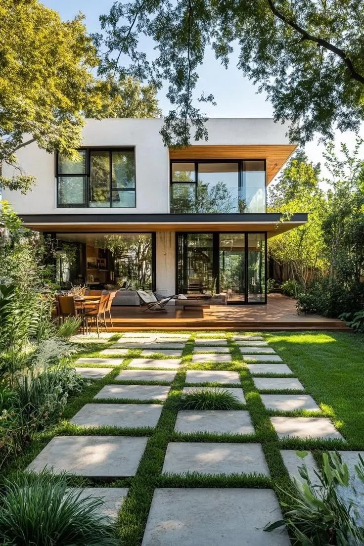 Modern two-story house with large windows and a wooden deck, surrounded by lush greenery, with a stone pathway leading to the entrance.