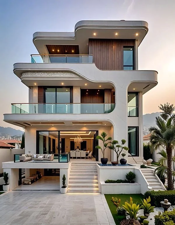 Modern multi-story house with curved balconies, glass railings, and large windows, surrounded by landscaped garden with palm trees.
