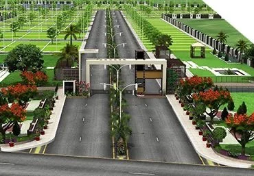 Entrance gate to a residential or community complex with a long, straight driveway, green lawns, trees, and manicured gardens on both sides.