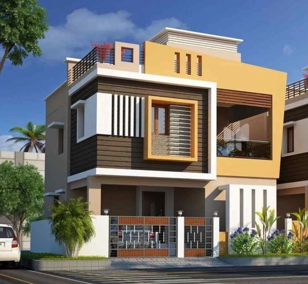 Modern two-story house with a combination of beige, white, black, and yellow exterior walls, featuring large windows, a small front garden, and a gated entrance.