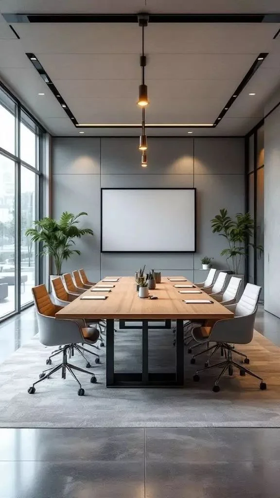 Modern conference room with a long wooden table, white and orange ergonomic chairs, large windows, potted plants, a blank whiteboard or screen on the gray wall, and ceiling-mounted lighting fixtures.