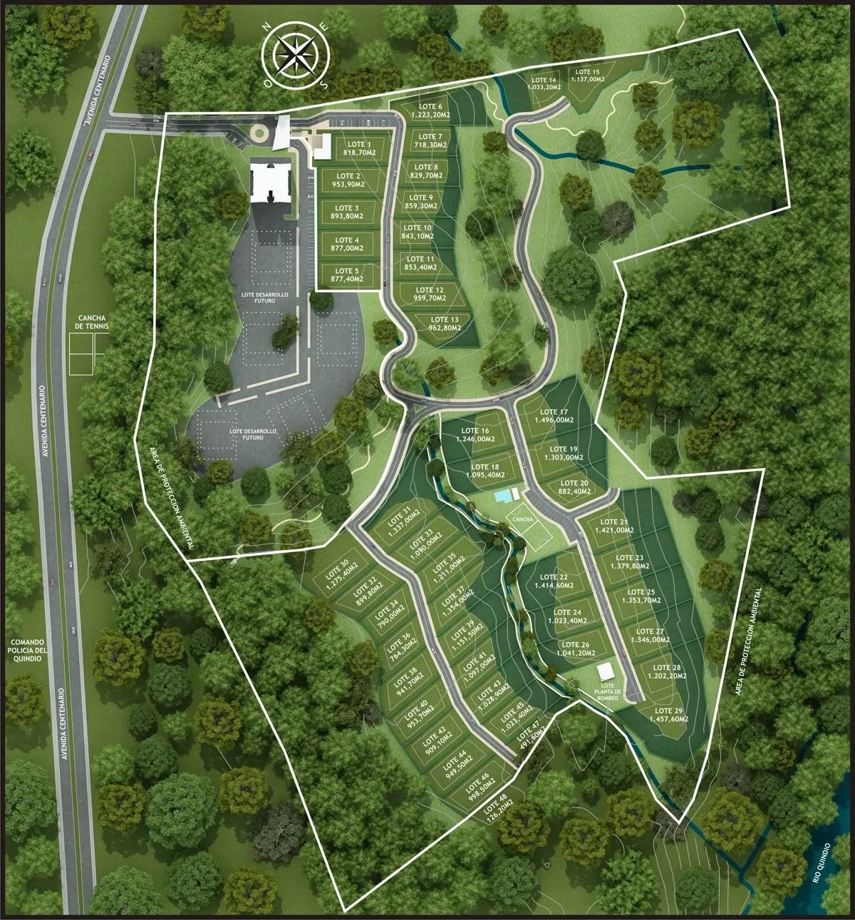 A detailed map of a residential development surrounded by greenery, showing plot divisions with numbers and sizes in square meters, roads, a tennis court, water features, and natural areas.