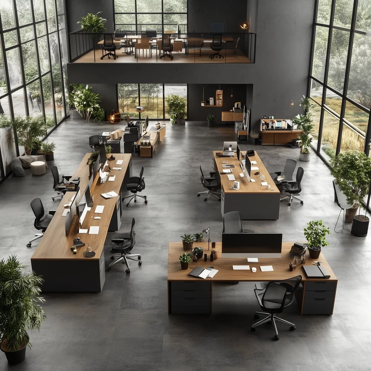 Modern, open-plan office with large glass windows, several desks with computers, ergonomic chairs, plants, and natural light.