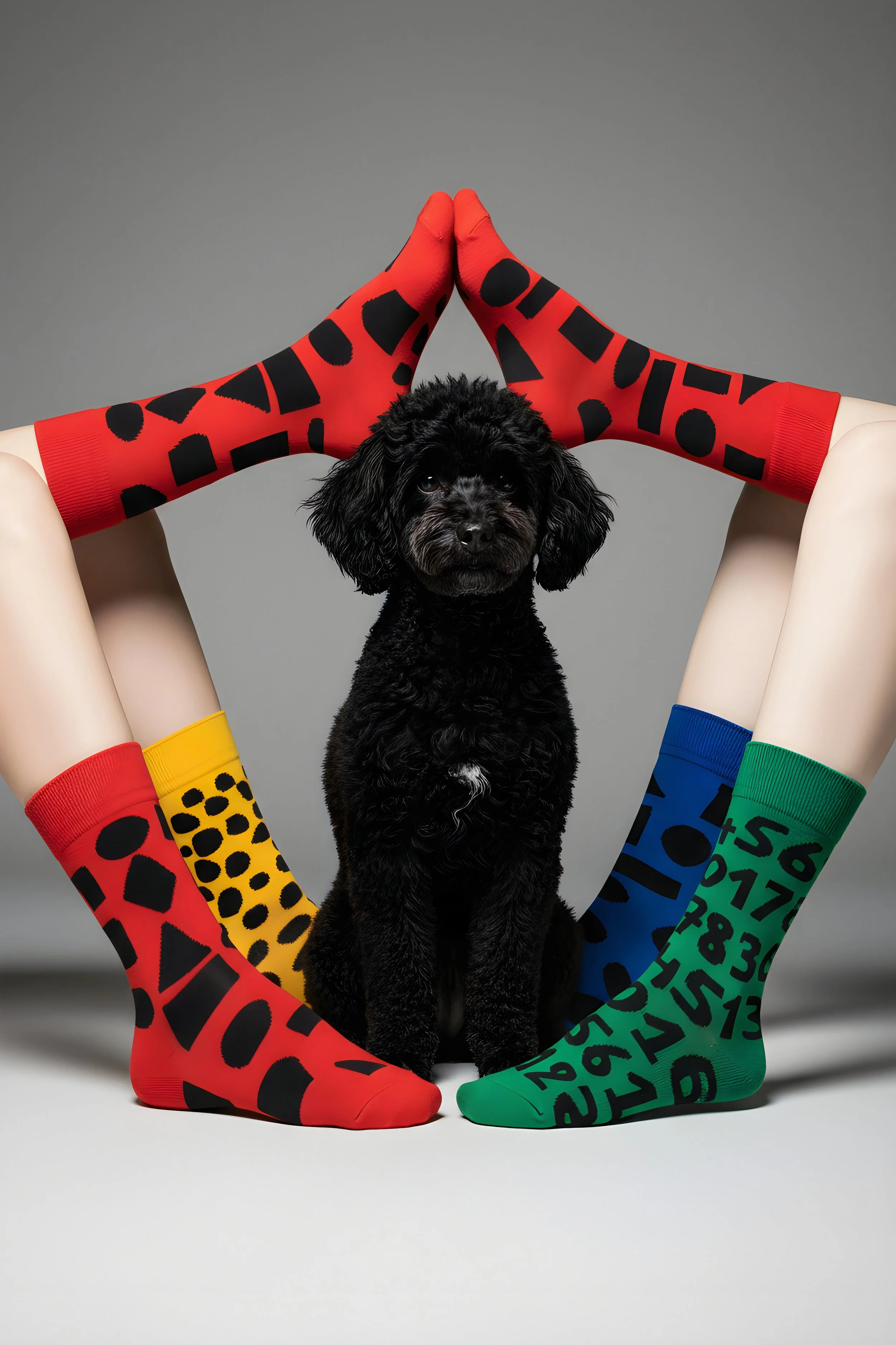 A small black dog sitting between two pairs of human legs. The legs are adorned with colorful socks; one pair is red with black shapes, the other is green with black numbers, and the remaining pair is yellow and blue with black patterns. The person is forming a triangle with their legs and hands, creating a decorative frame around the dog.