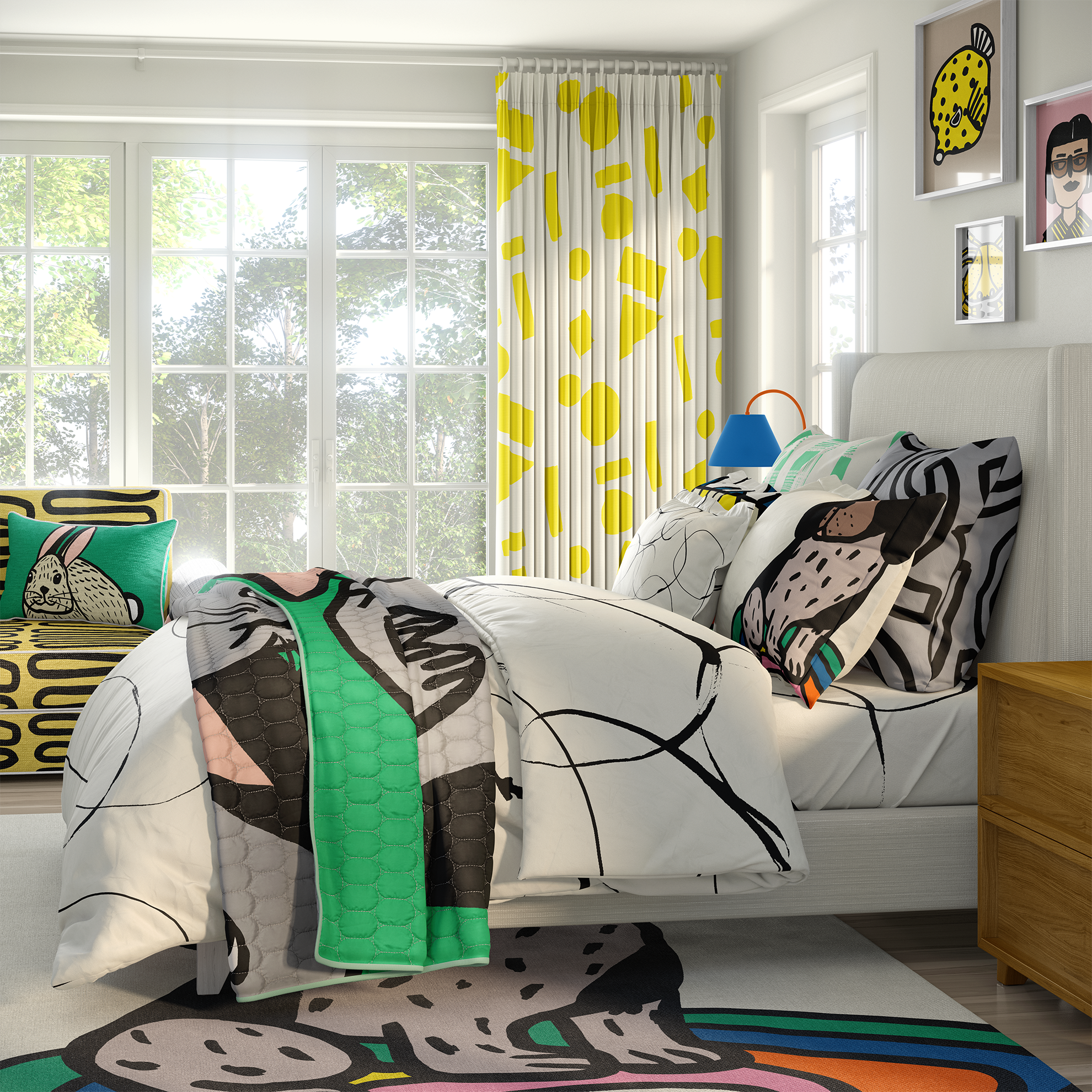 Decorated bedroom with colorful bedding, yellow and white curtains, and framed artwork, colorful bedding, design by Sarah Corynen.