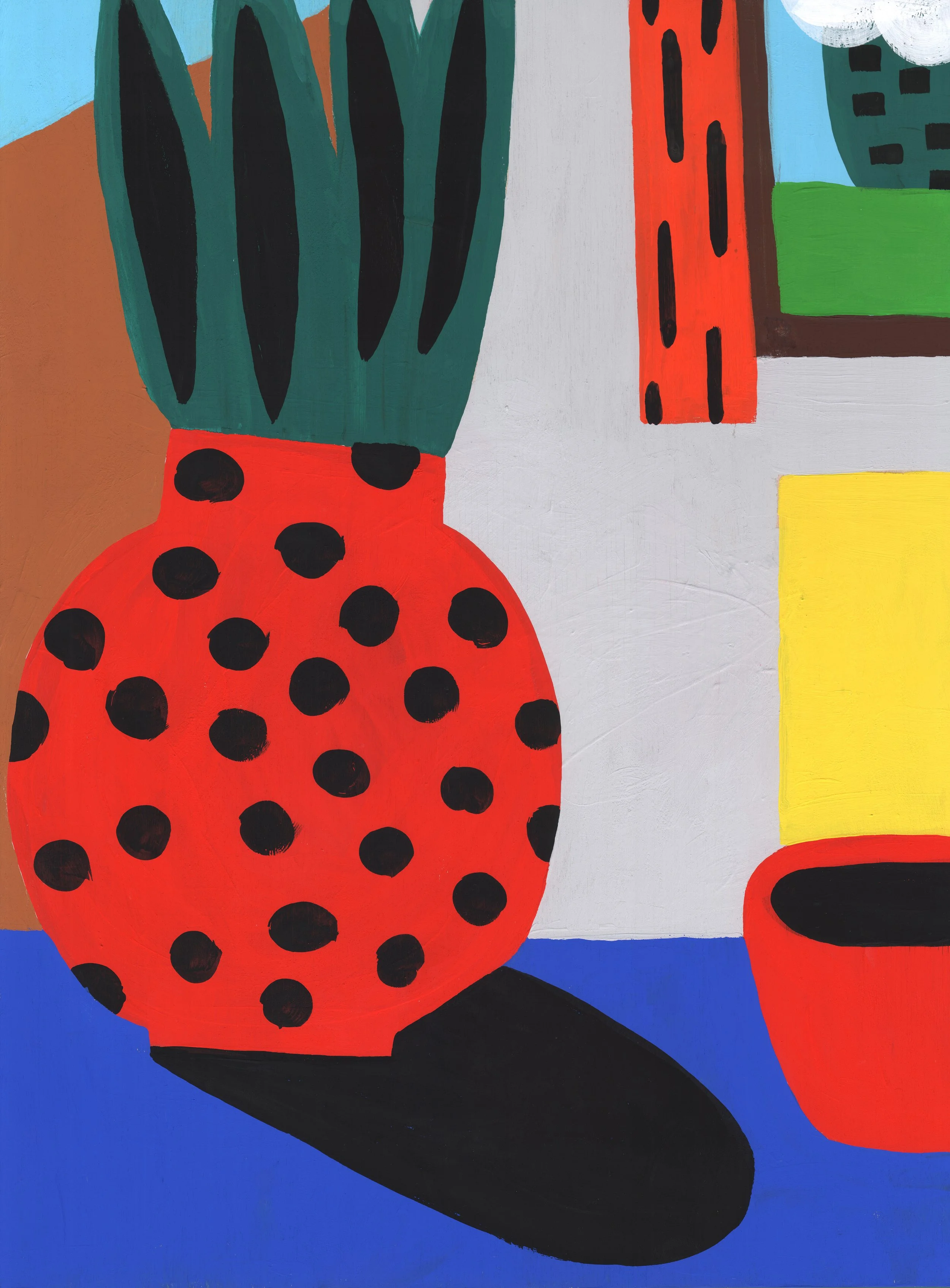 gouache painting of red ceramic vessel with black dots