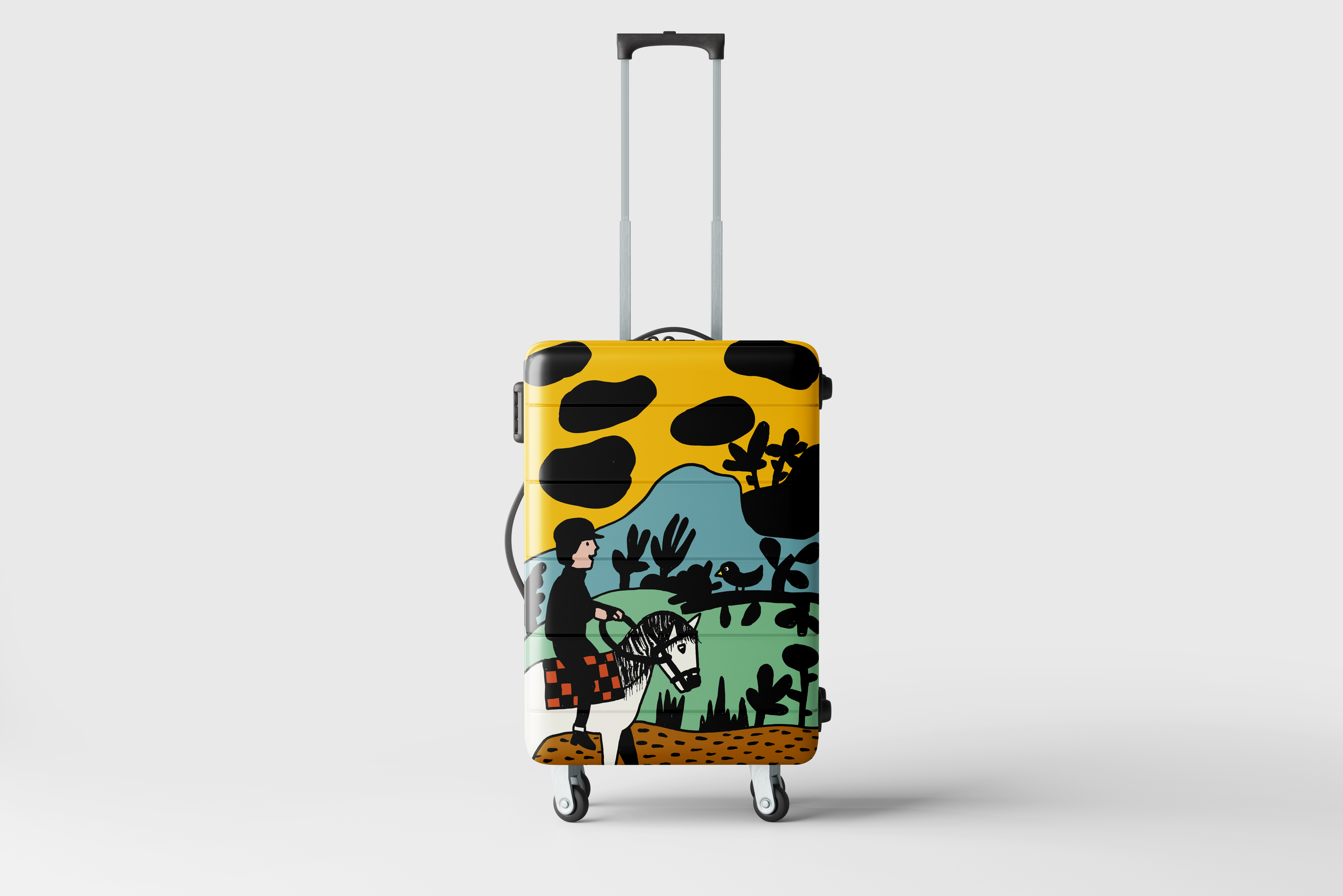 Luggage on wheels with illustration of Horseriding figure by Sarah Corynen