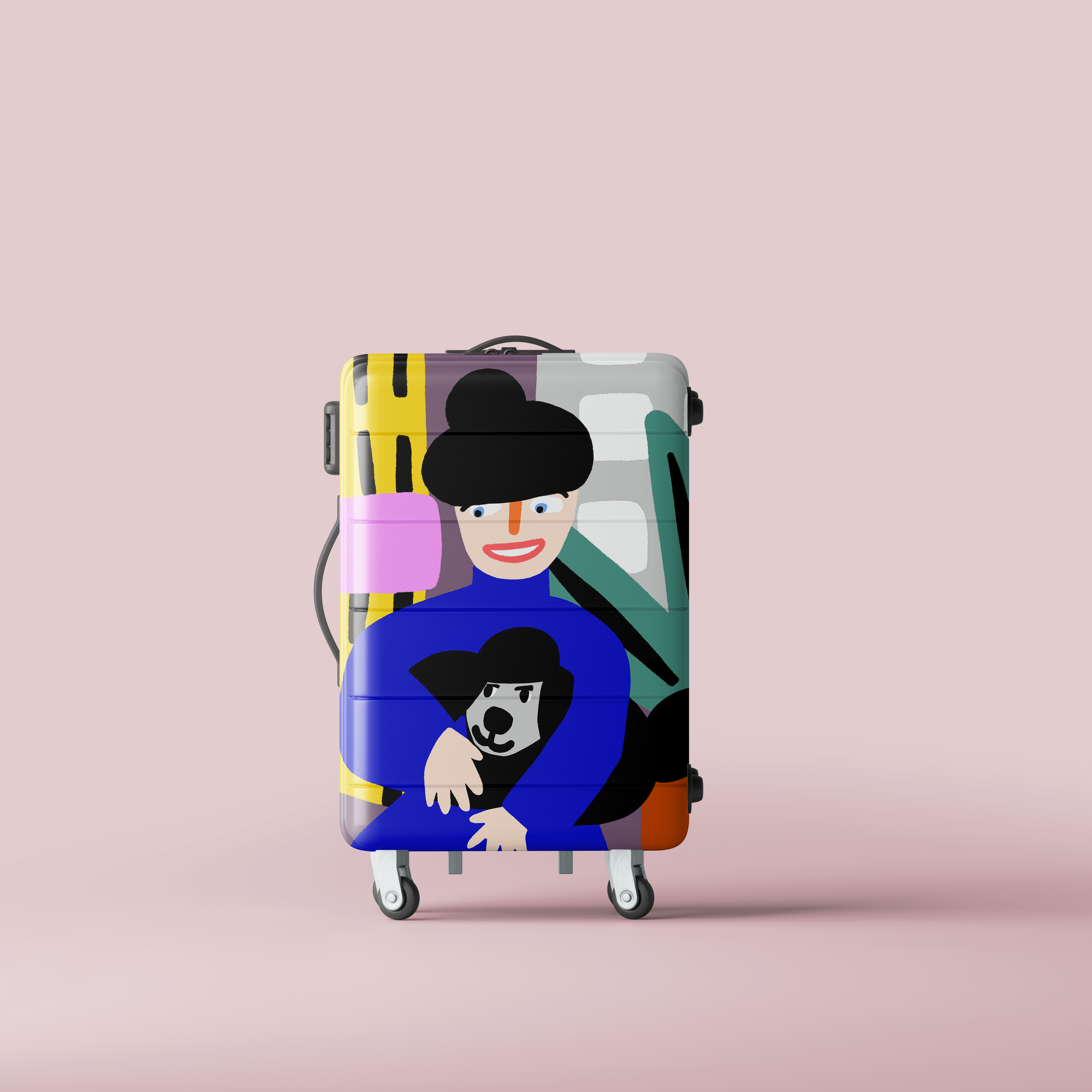 Colorful suitcase with abstract art design featuring a smiling cartoon face and a poodle, design by Sarah Corynen.