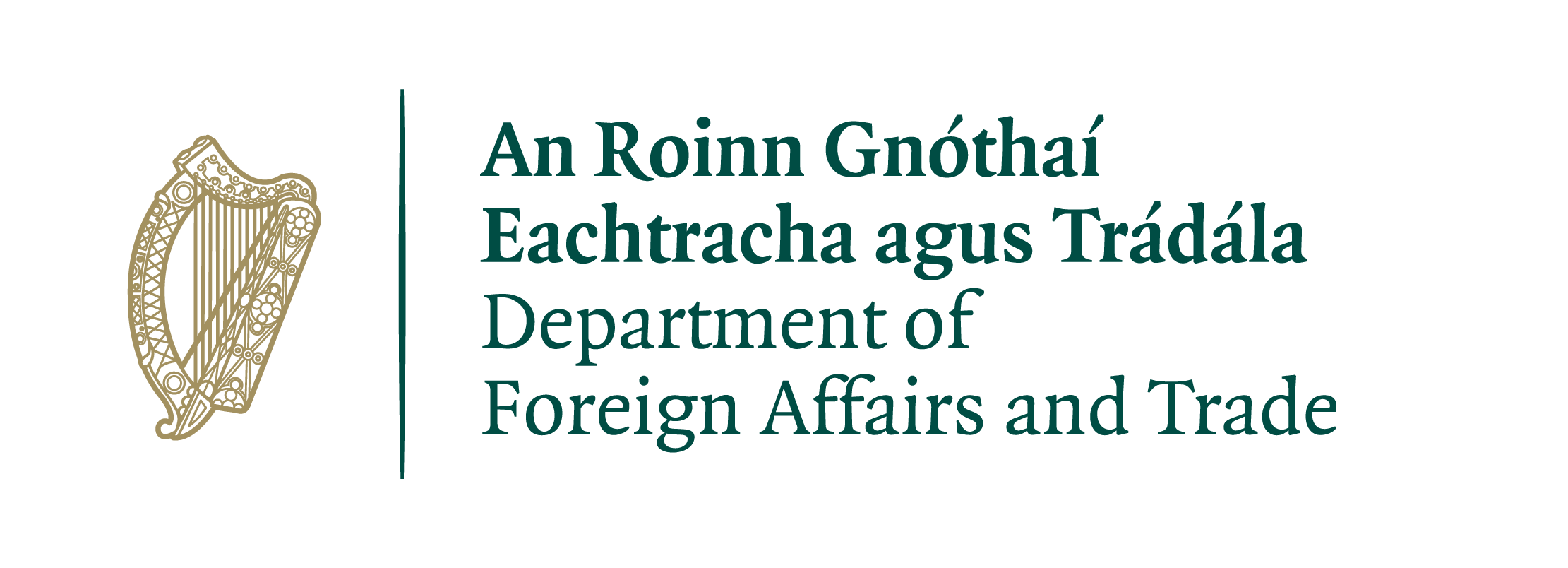 Logo for the Department of Foreign Affairs and Trade featuring an Iriar Celtic harp beside the department's name in Irish and English.