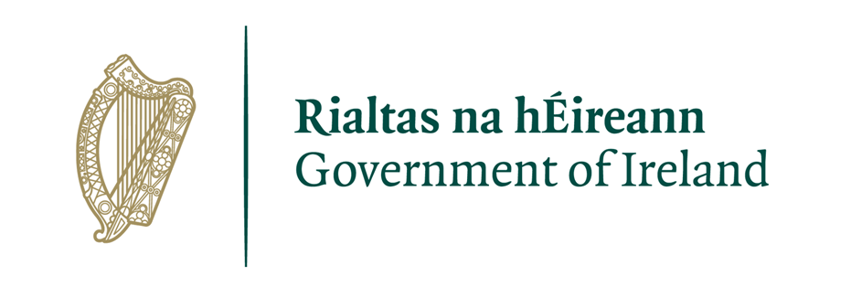 Official logo of the Government of Ireland with a harp illustration and Irish and English texts.