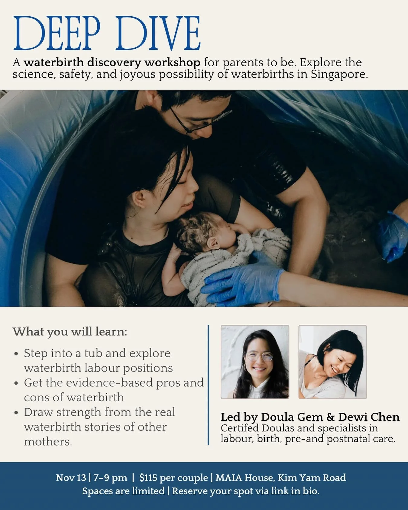 We’re back with the latest edition of our Deep Dive: Waterbirth Workshop. ✨
Step once more into the tub, feel the warmth, and explore the science, safety, and joy of waterbirth - guided by MAIA House Doulas Gem and Dewi.
Whether you’re