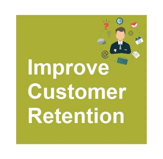Green background with white text reading 'Improve Customer Retention' and an illustration of a person with various icons around their head, including a clock, envelope, calendar, question mark, and email.
