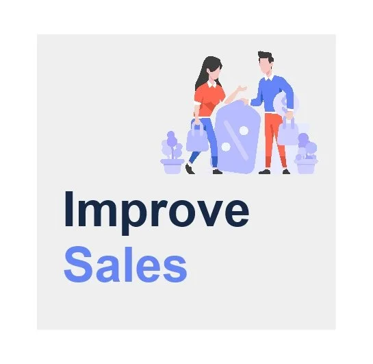 Illustration of a woman and man standing next to a large purple percentage sign, with the text 'Improve Sales' below.