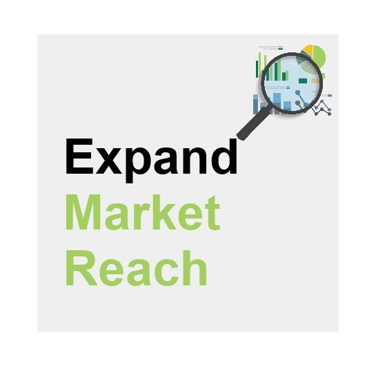 Graphic with the words "Expand Market Reach" and a magnifying glass over a bar chart and data visualization.