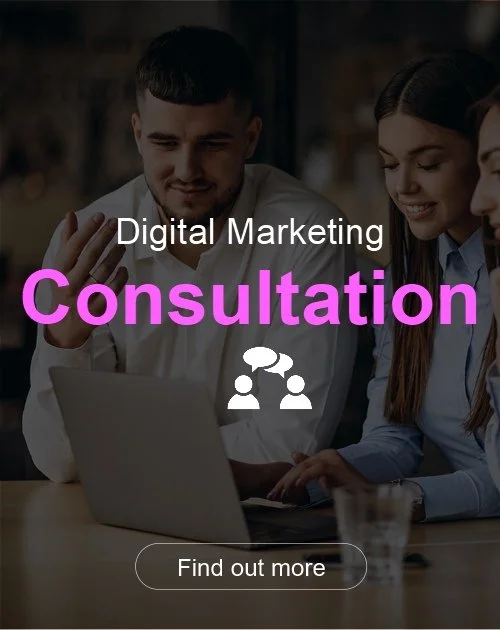 Group of people in a business meeting, looking at a laptop screen, with text overlay reading 'Digital Marketing Consultation' and a 'Find out more' button.