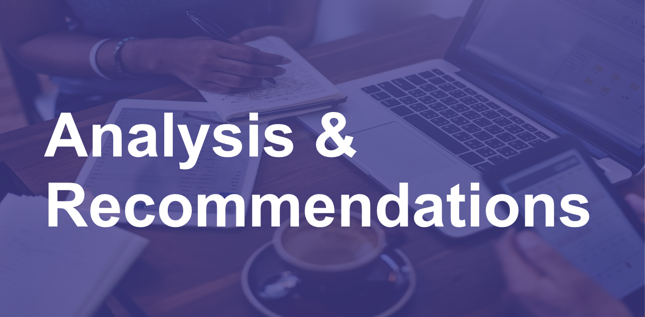 A person working at a desk with a laptop, tablet, smartphone, papers, and a coffee cup, with the text 'Analysis & Recommendations' overlaid.