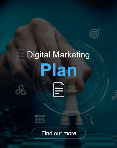 Close-up of a hand moving a chess pawn on a chessboard, overlayed with icons and text about digital marketing planning and a button that says 'Find out more'.