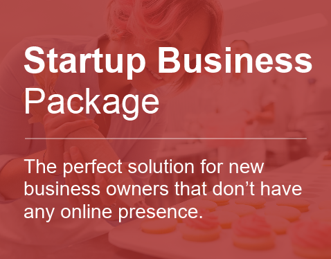 Text overlay on pink background advertising a startup business package for new business owners without online presence, featuring a woman working at a desk.