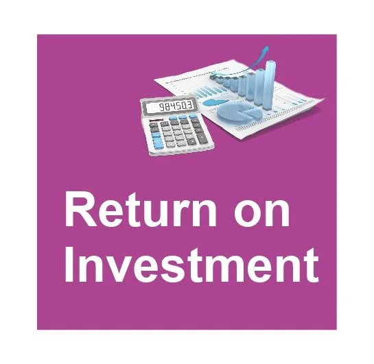 A purple background with financial documents, a calculator, and a bar graph with an upward trend, along with the text "Return on Investment".