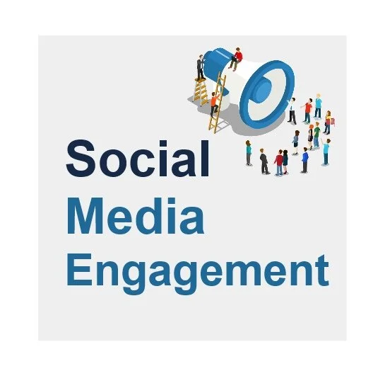 Illustration of people working together to build and engage with social media, featuring a large social media icon and diverse individuals.