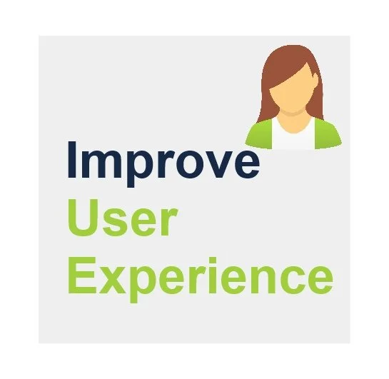 A graphic with an illustration of a woman and the text "Improve User Experience" in bold, with "Improve" in dark blue and "User Experience" in green.
