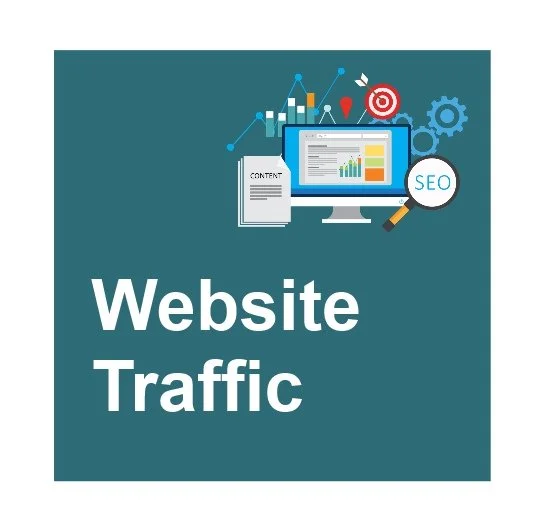 Graphic illustrating website traffic with a computer monitor displaying analytics, a magnifying glass labeled SEO, and icons representing growth, content, and settings.