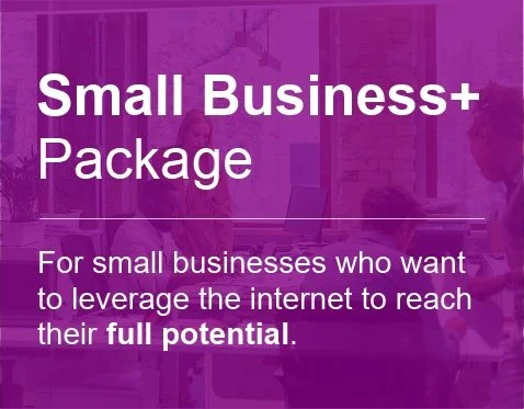 Text on a purple background promoting a small business package for small businesses to leverage the internet and reach full potential.