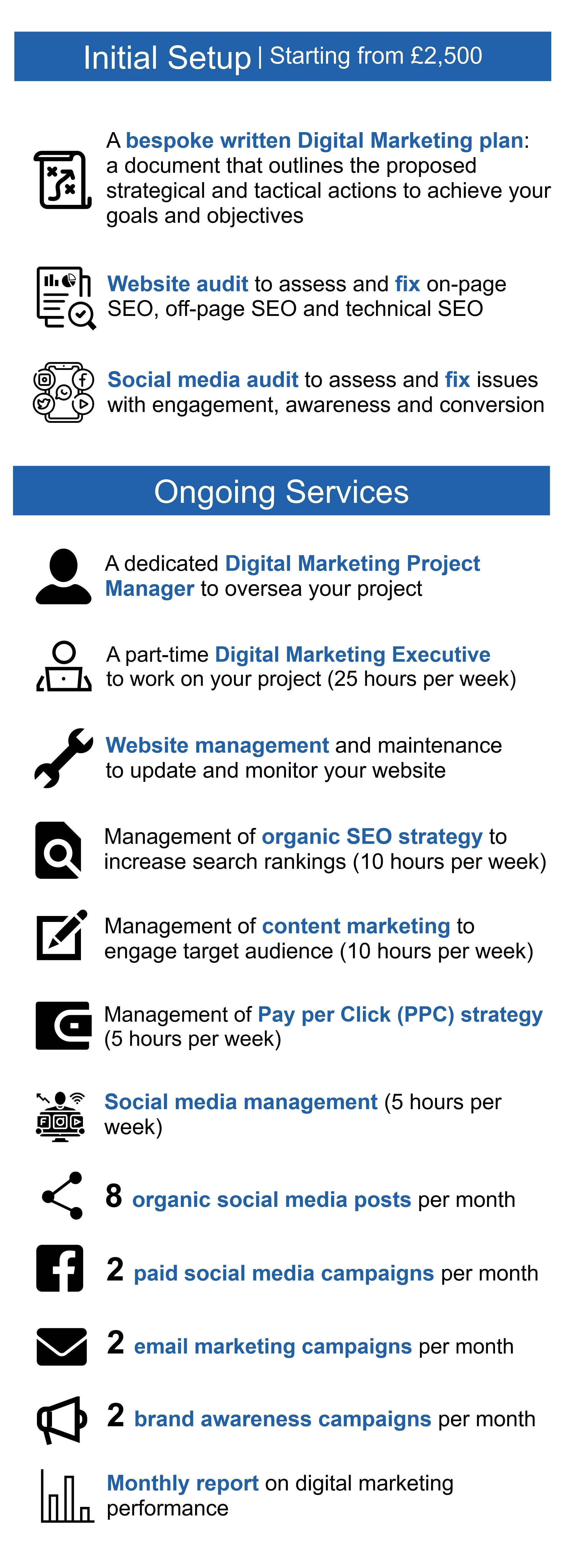 An infographic detailing digital marketing services and ongoing services, including website audits, social media audits, management, SEO strategies, content marketing, PPC, social media management, social media posts, campaigns, email marketing, brand awareness, and monthly reporting, with icons representing each service.