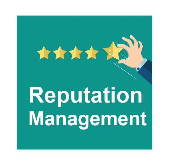 Illustration of a hand placing a yellow star at the end of a four-star rating, with the words 'Reputation Management' below, on a teal background.