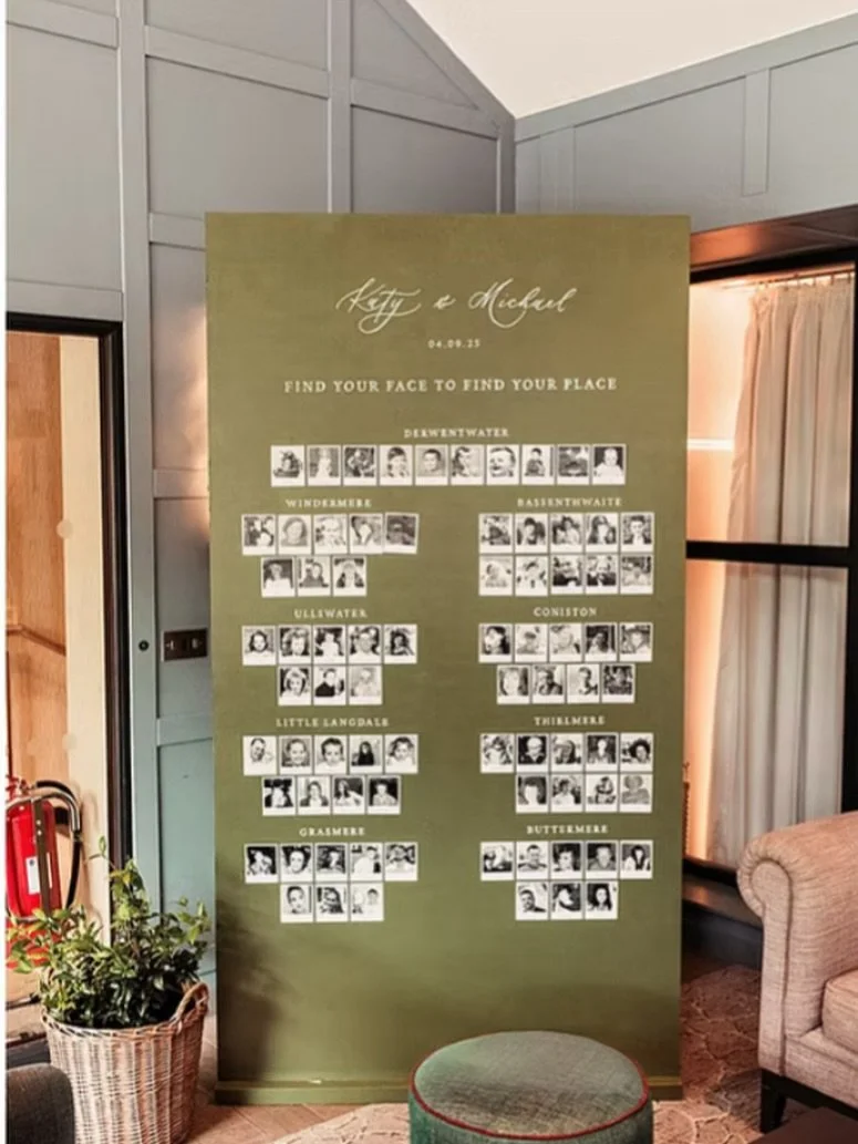 A seating plan with personality ✨ Katy &amp; Michael wanted their seating plan to be a talking point, stylish, fun and a little mischievous. Together with the amazingly talented Sam @takenotecalligraphy we created this bespoke freestanding Find Your 