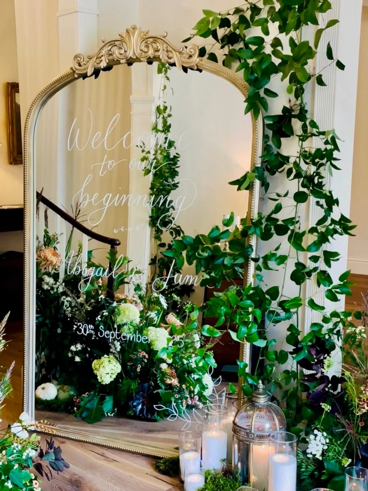 The Florence Mirror, another one of my favourite pieces. 
Here at @broomholmmanor it marked the start of A &amp; J&rsquo;s day, framed by candlelight, lanterns and the most beautiful florals by @wildfireflowers and calligraphy by @jill.liley. A momen