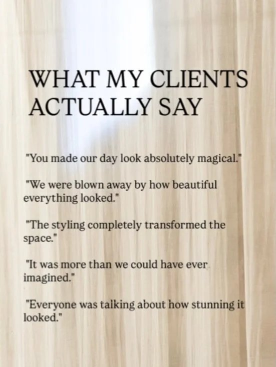 These aren&rsquo;t marketing slogans.

They&rsquo;re real words from real couples after seeing their wedding spaces come to life.

Every review reminds me why I love what I do: creating thoughtful, personal celebrations that reflect the people at the