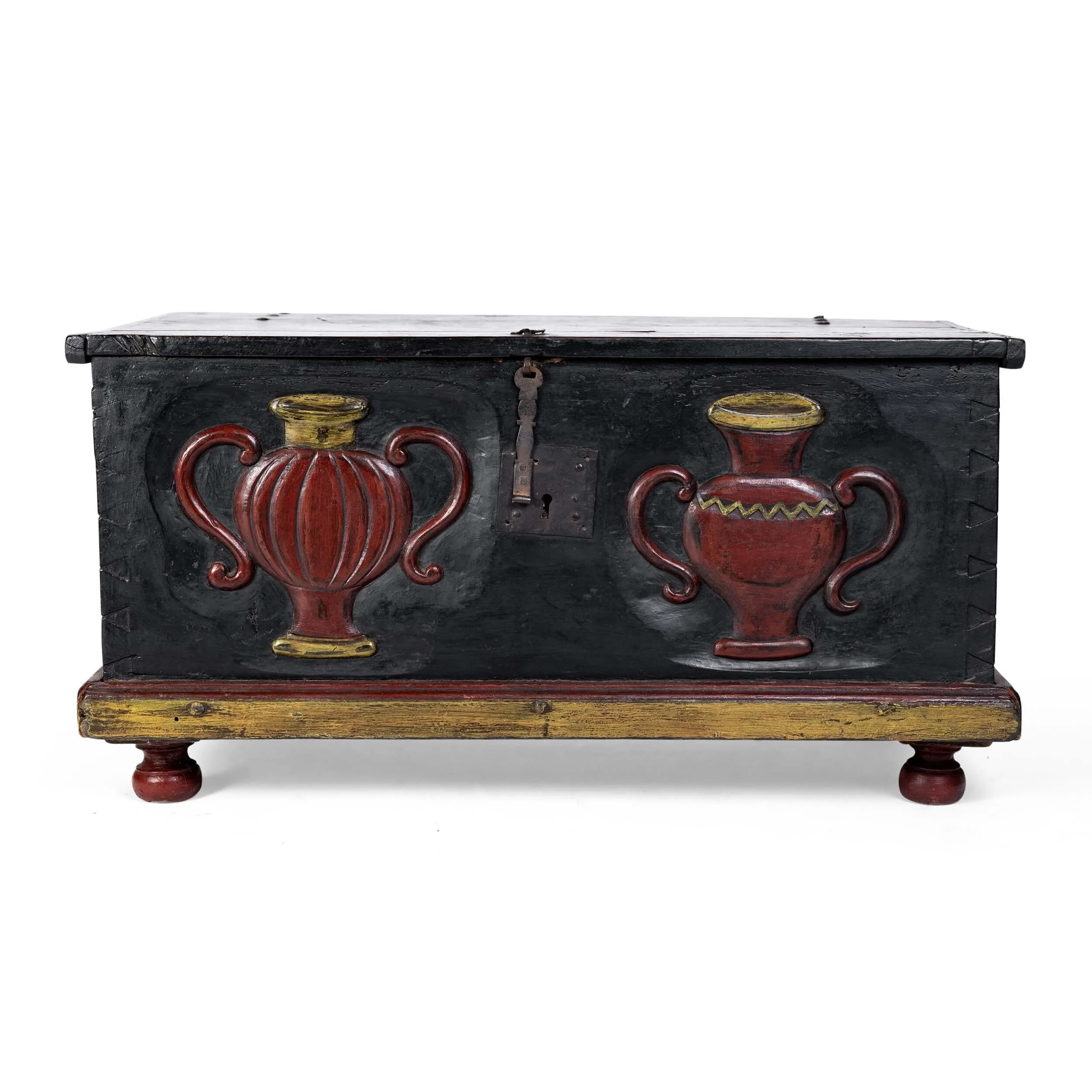 Continental Decorated Lift Top Chest, painted with carved raised urns and original hardware, 19th century. the barns by ali mahon