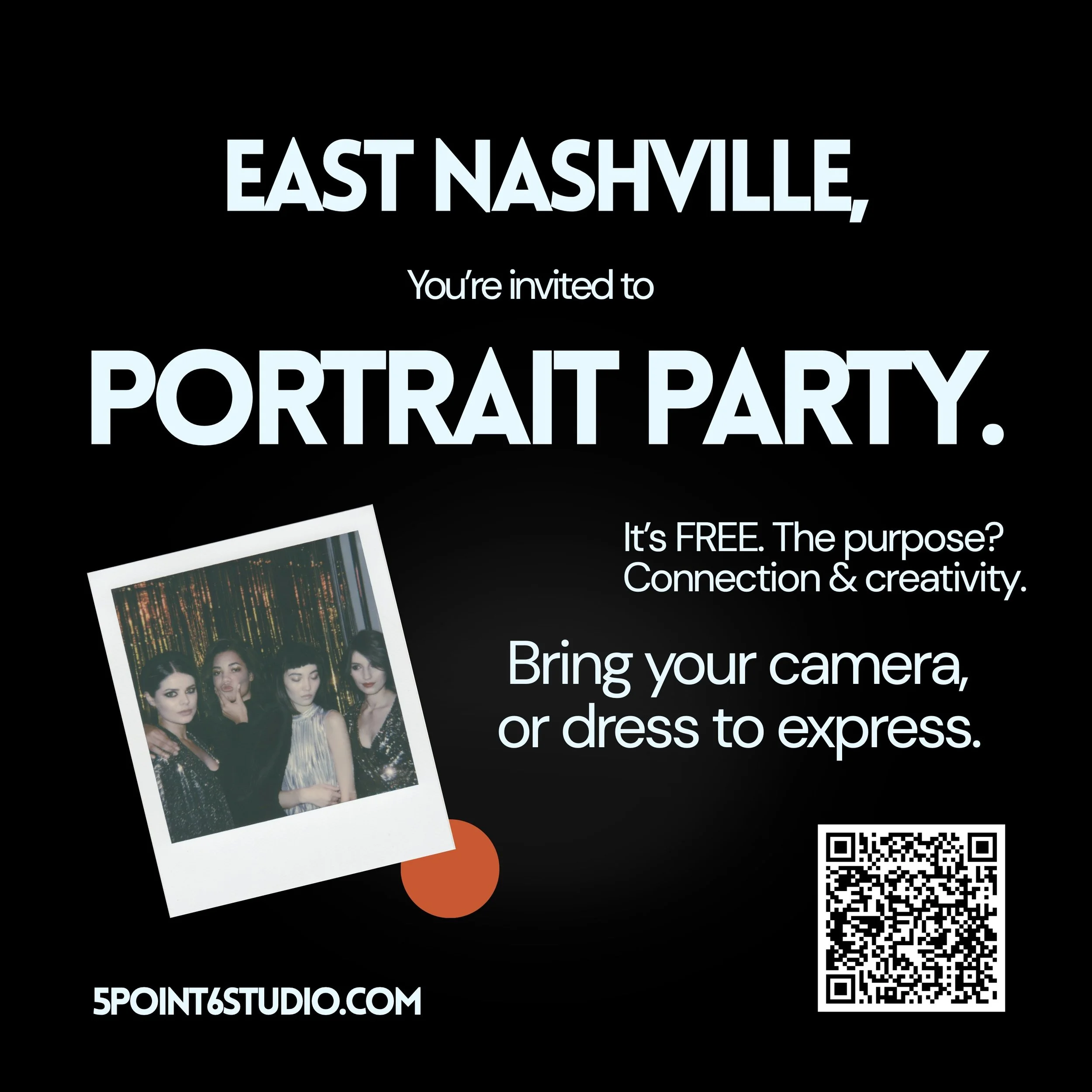 Invitation to a portrait party with a group photo of five women making playful faces, set against a dark background with text about bringing cameras or dresses to express themselves.
