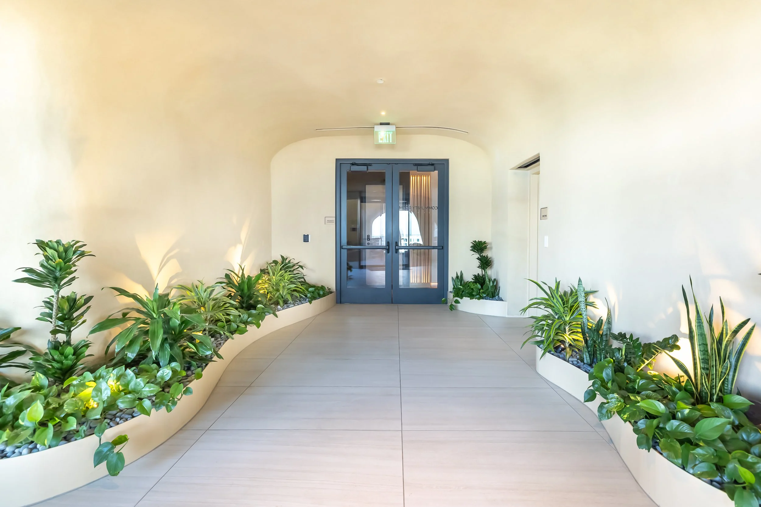 Indoor hallway with plants lining the sides and a glass door at the end.