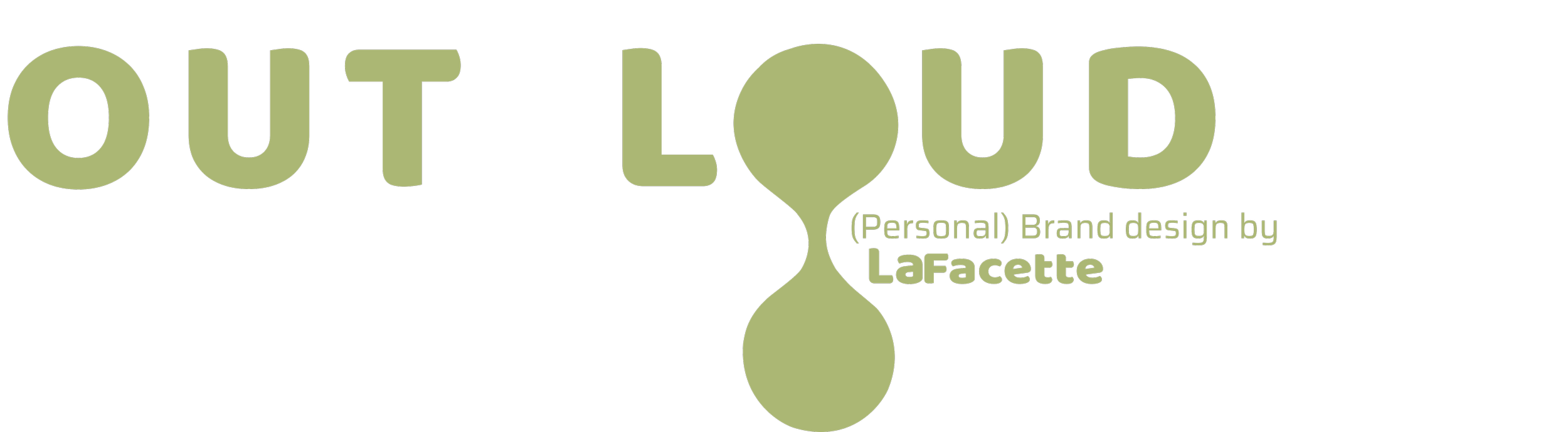 Logo for Out Loud featuring the brand name in large green letters with a speech bubble icon as the 'O.' Includes text: '(Personal) Brand design by LaFacette'.
