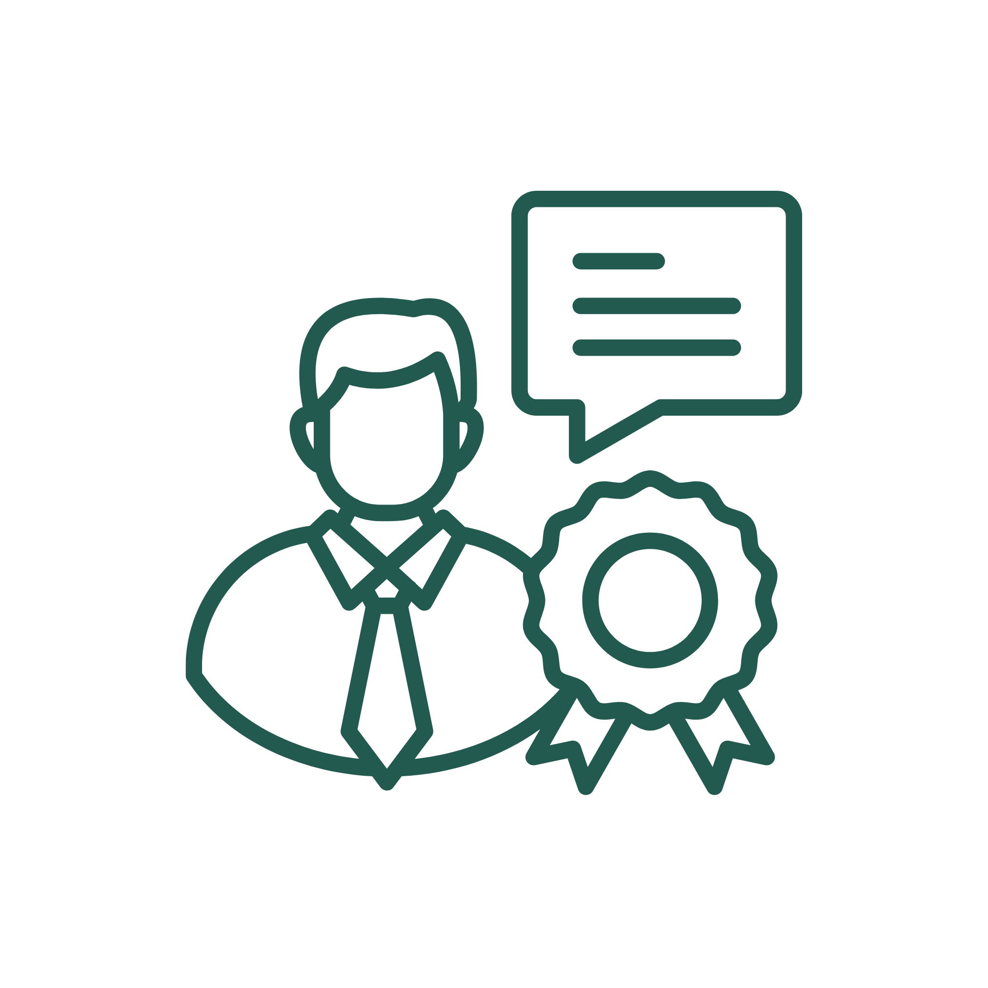 Outline icon of a person with a speech bubble and a ribbon award, representing recognition or certification.