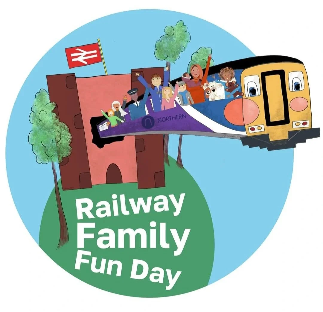 Illustrated logo showing a train and Clitheroe Castle