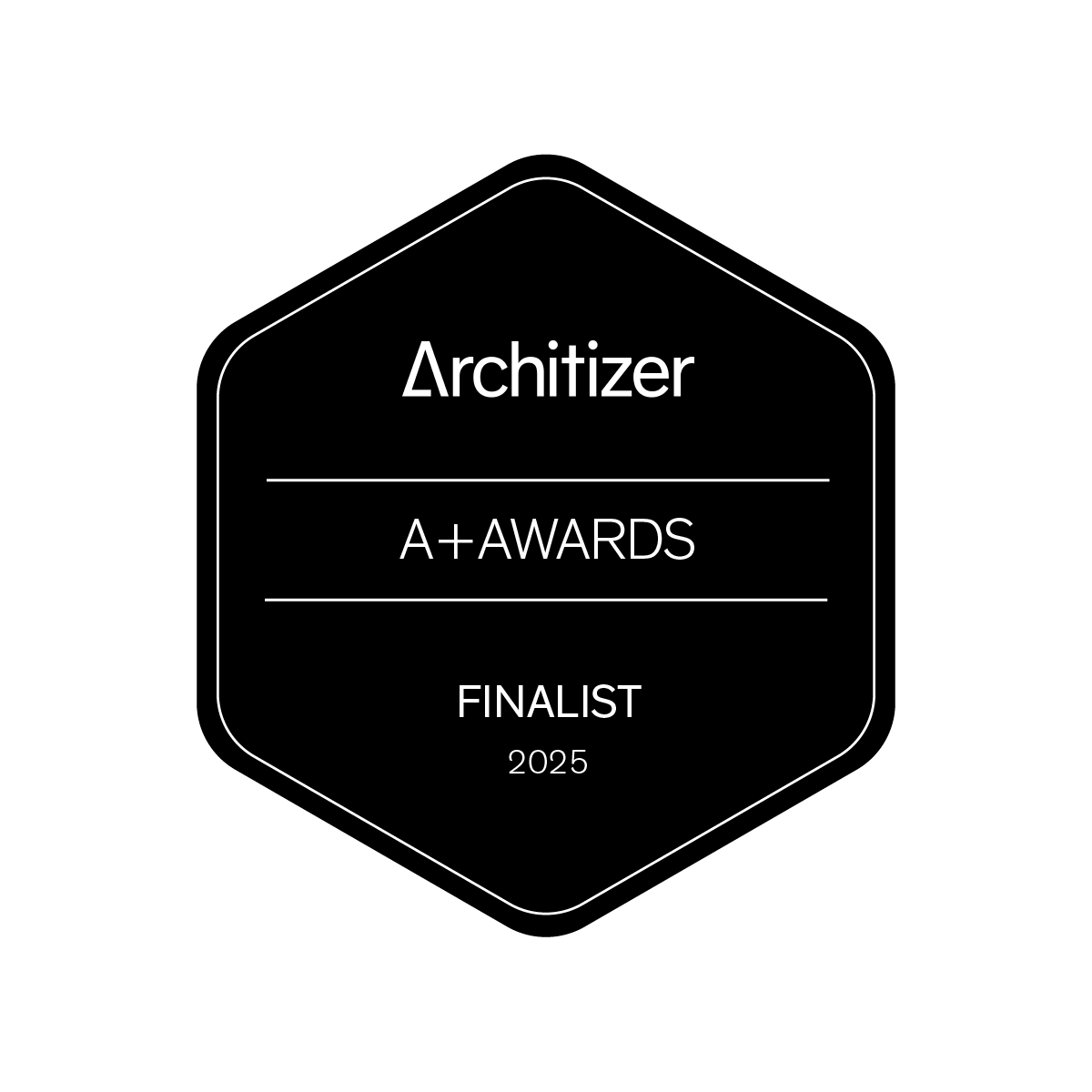 Black award badge with white text, reading 'Architizer A+ Awards Finalist 2025'.