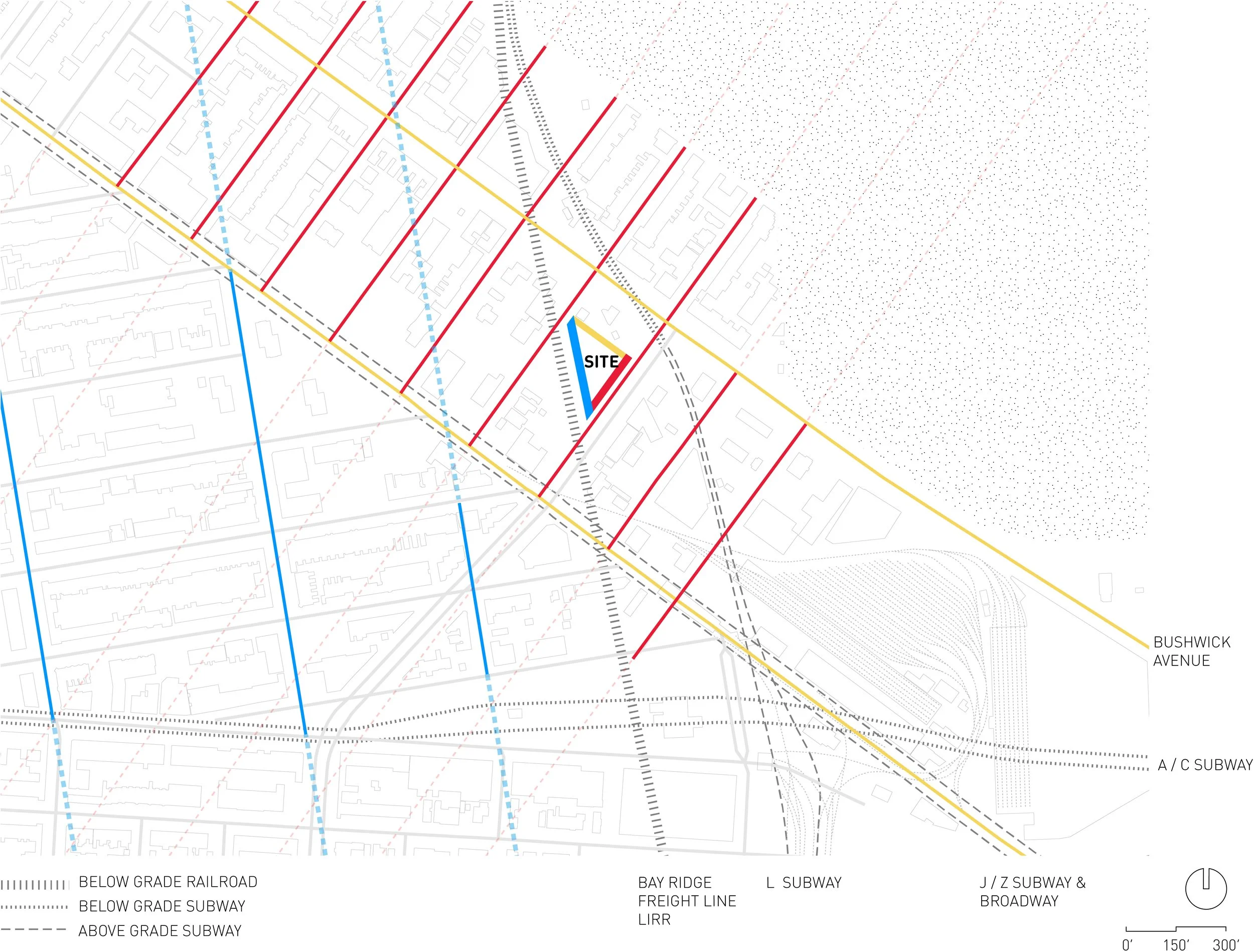 Map showing underground utilities and subway lines beneath an area with streets and buildings, including Bushwick Avenue and Bay Ridge Fire Line.