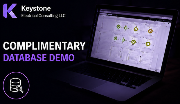 Promotion for Keystone Electrical Consulting LLC offering a complimentary database demo, featuring a laptop screen displaying a data dashboard with various charts and graphs.