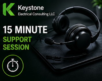 Image promoting a 15-minute electrical support session by Keystone Electrical Consulting LLC, featuring a black headset, laptop, and green accents.