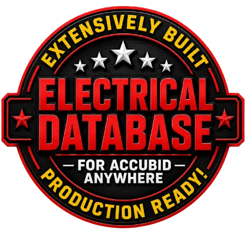 A circular logo with a black background and red and yellow text. It says, 'Extensively Built Electrical Database for Acubid Anywhere,' and features stars around the text.
