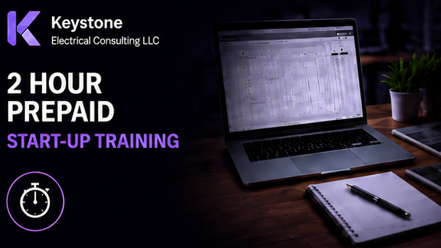 Advertisement for Keystone Electrical Consulting LLC's 2-hour prepaid start-up training, showing a laptop on a wooden desk with a plant, notebook, pen, smartphone, and a digital clock icon.