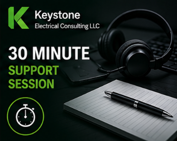 Keystone Electrical Consulting LLC offers a 30-minute support session, shown with headphones, a notepad, and a pen on a laptop keyboard.