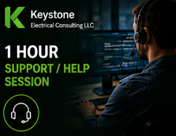 Promotional image for Keystone Electrical Consulting LLC offering a 1-hour support/help session, featuring a person wearing a headset working on a computer with multiple monitors.
