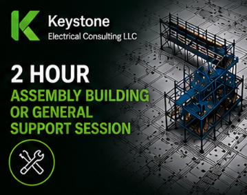 Advertisement for Keystone Electrical Consulting LLC offering 2-hour assembly building or general support sessions, featuring an industrial electrical panel with wiring on a technical schematic background.