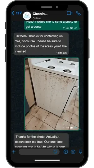 whatsapp conversation with zenith zone cleaning team regarding a stove cleaning