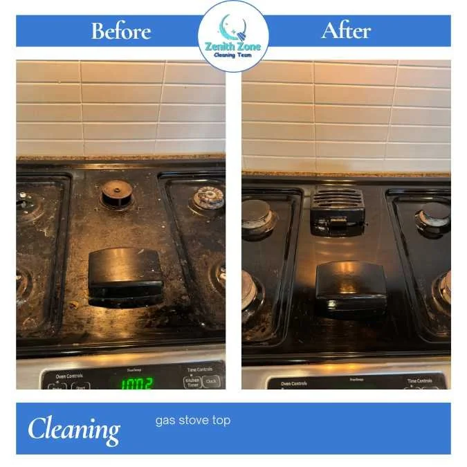 Side-by-side comparison of a dirty and clean gas stove top with a custom label for a cleaning service.