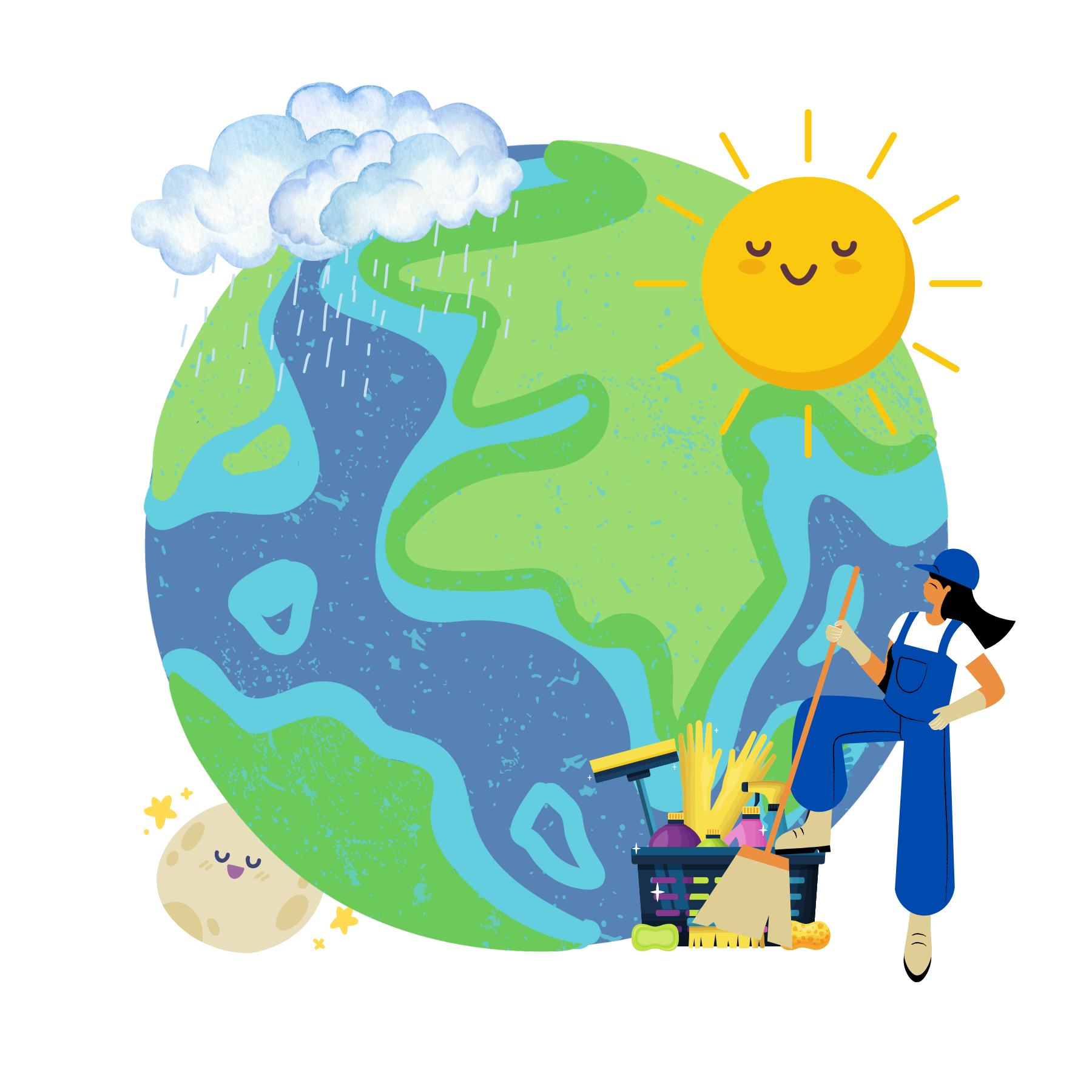 cartoon graphic of earth and seasons and cleaner with her equipment